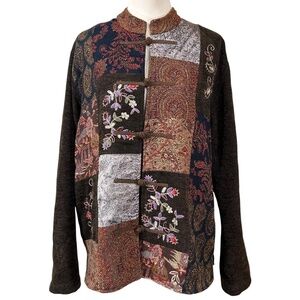 White Stag Brown Boho Art Embroidered Chenille Patchwork Jacket Size L